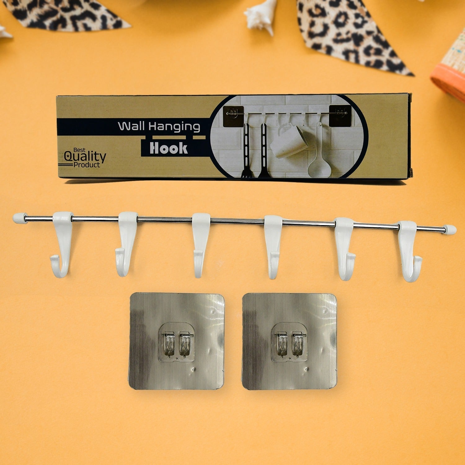Stainless Steel Utensil Hanger Rail Nail Free Wall Mount with 2 Magic Stickers & 6 Plastic Hooks For Kitchen Your Brand