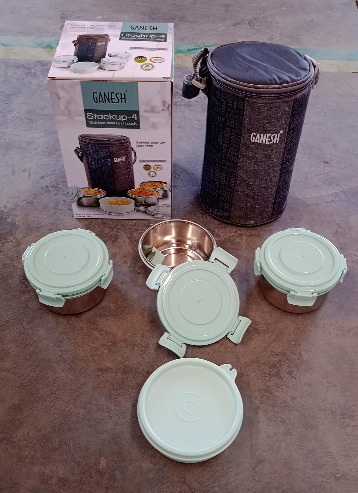 Ganesh 4In1 Tiffin Box-Lunch Box | 3 Stainless Steel Containers 300 Ml Approx & Plastic Salad Container 200 Ml Approx| Plastic lid Box | Round Zip Bag | Leak Proof | Microwave Safe for Office, College and School for Men, Women  Your Brand