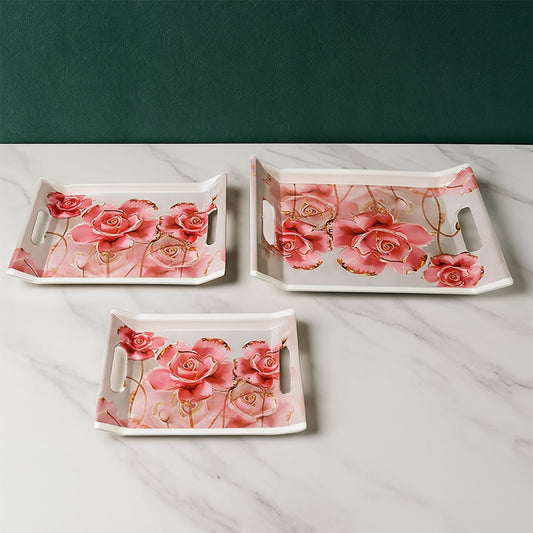 Plastic Rectangular Shape Flower Printed Design Serving Tray 3 pcs Home and Kitchen Use (3 pcs set) Your Brand