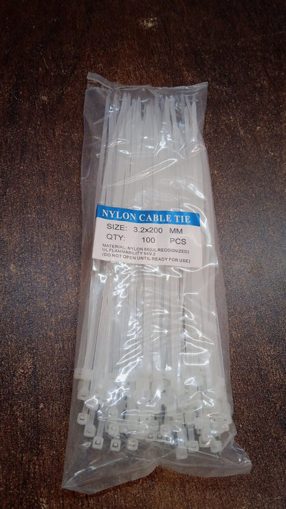 3.2x200 MM Nylon Self Locking Cable Ties, Heavy Duty Strong Zip Wire Tie. Pack of 100 - Black. Your Brand