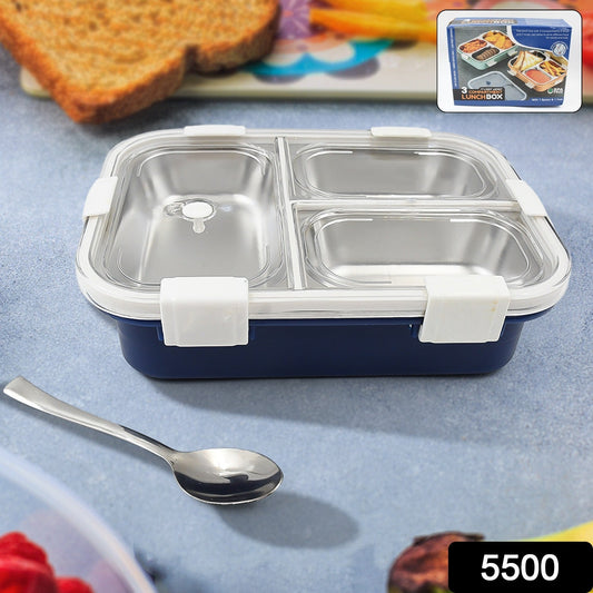 3 Compartment Transparent Stainless Steel Lunch Box for Kids, Tiffin Box, Lunch Box, Lunch Box for Kids, Insulated Lunch Box, Lunch Box for Office Women and Men, Stainless Steel Tiffin Box for Boys, Girls, School Office (Multi Color) Your Brand