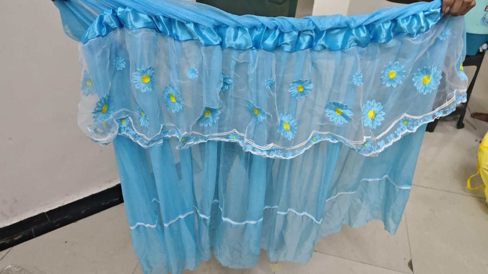 Light blue decorative 28-32 inch TV dustproof cover with floral embroidery and ruffled edge
