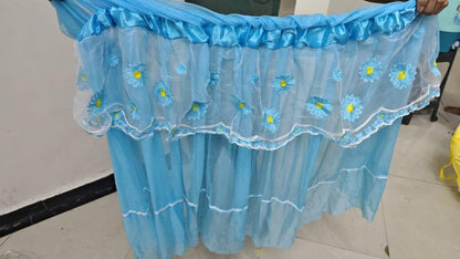 Light blue decorative 28-32 inch TV dustproof cover with floral embroidery and ruffled edge