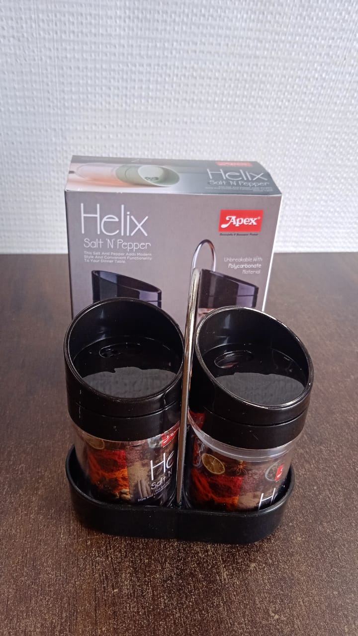 Apex Helix Salt N' Pepper 2-Piece Plastic Jar Set with Stand Your Brand