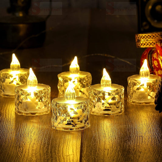 12 Pcs Flameless and Smokeless Decorative Acrylic Candles Transparent Led Tea Light Candle for Gifting, House, Diwali, Christmas, Festival, Events Decor Candles, Diwali Your Brand