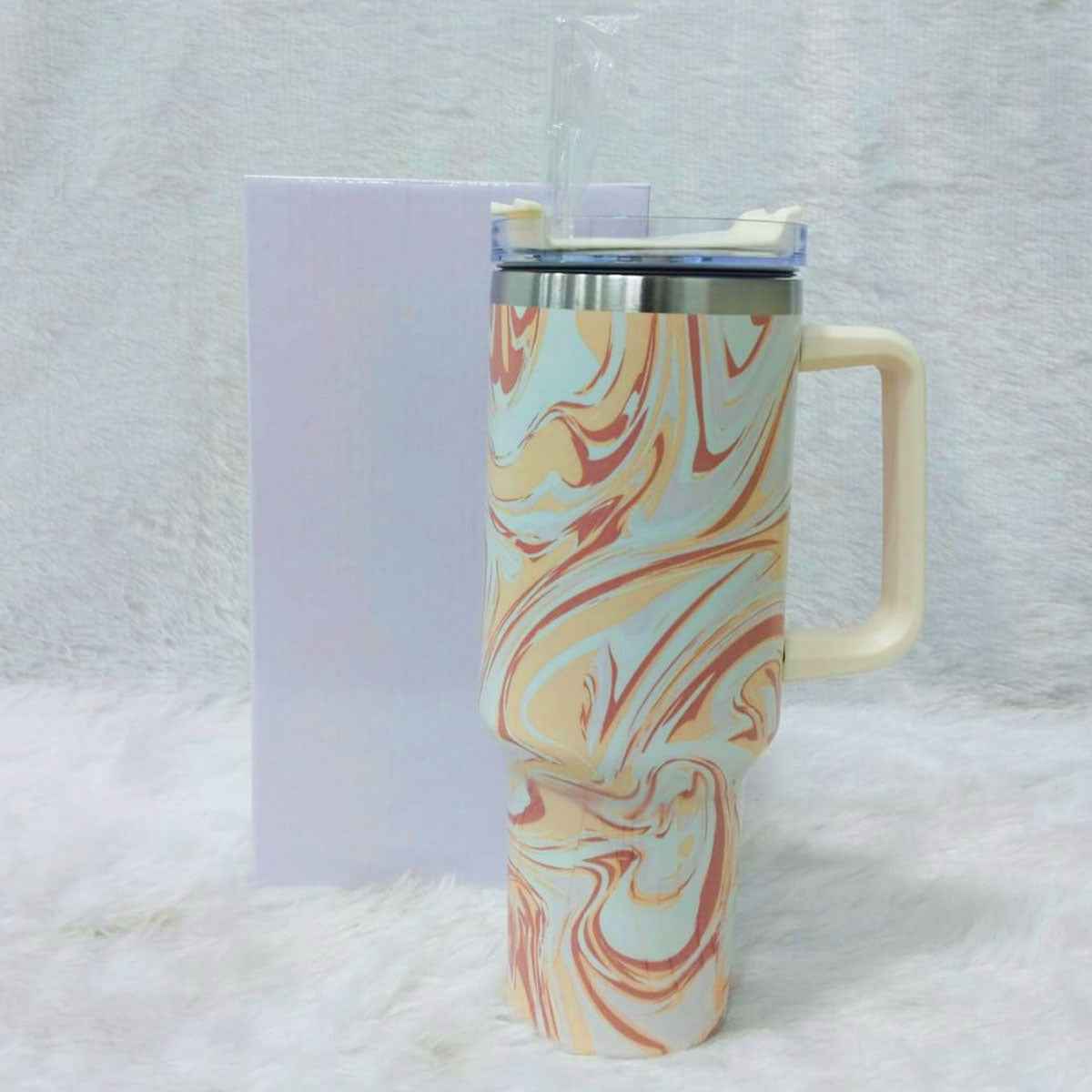 Marble Swirl Stainless Steel Tumbler with Handle, Lid & Straw