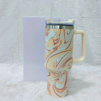 Marble Swirl Stainless Steel Tumbler with Handle, Lid & Straw