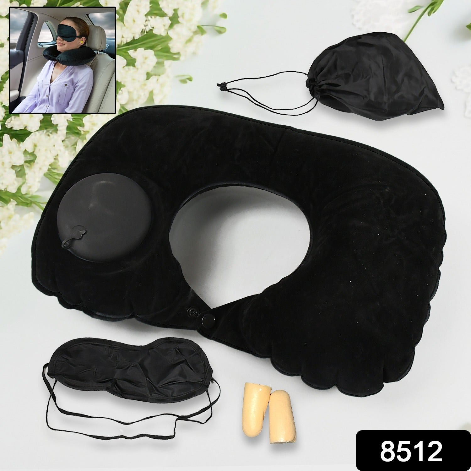 8512 3 in 1 Comfortable Travel Sleeping Kit, Neck Pillow, Eye Mask & Ear Plug Set Inflatable Plane Sleeping Pillow Head Neck Support Pillows for Travel Airplane Office, Black Your Brand