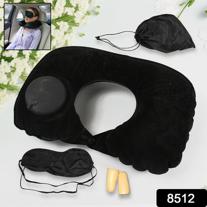 8512 3 in 1 Comfortable Travel Sleeping Kit, Neck Pillow, Eye Mask & Ear Plug Set Inflatable Plane Sleeping Pillow Head Neck Support Pillows for Travel Airplane Office, Black Your Brand