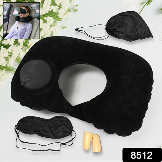 8512 3 in 1 Comfortable Travel Sleeping Kit, Neck Pillow, Eye Mask & Ear Plug Set Inflatable Plane Sleeping Pillow Head Neck Support Pillows for Travel Airplane Office, Black Your Brand