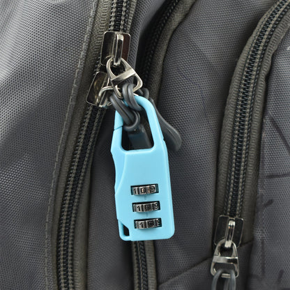 3 digit luggage lock in blue color secured on a travel bag zipper for enhanced security