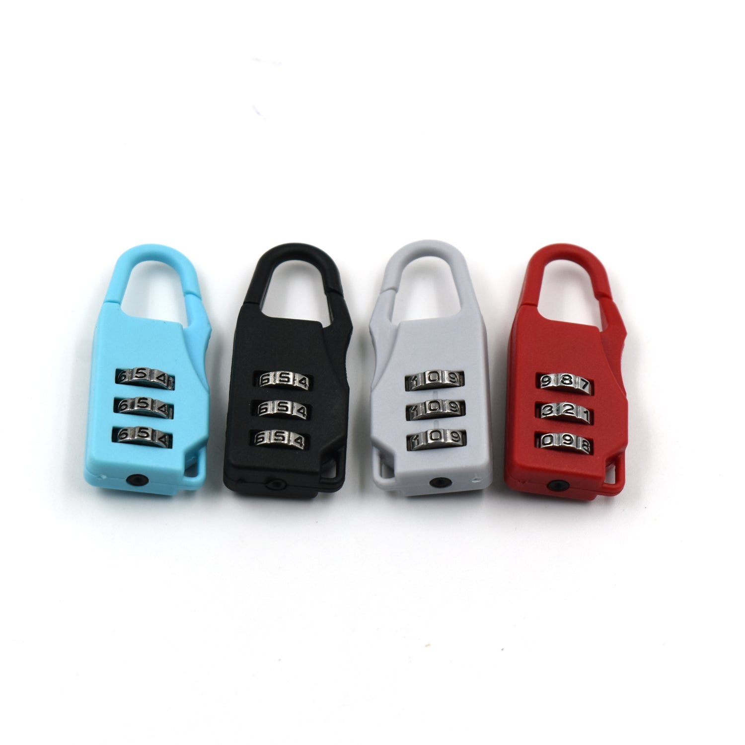 Set of four 3 digit luggage locks in blue, black, gray, and red for securing your travel bags
