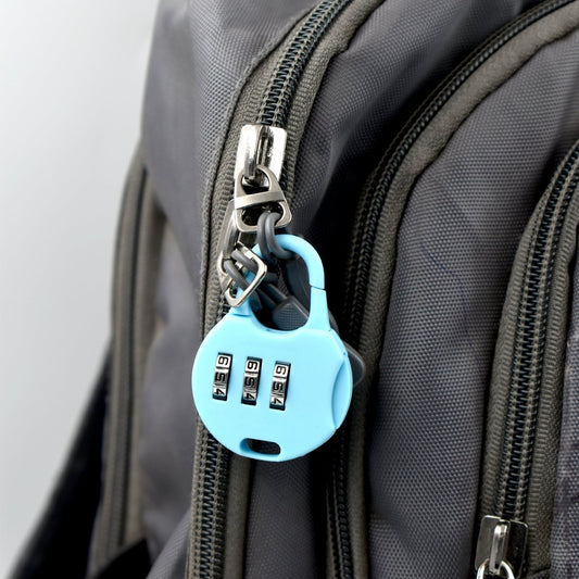 Blue 3 digit zipper lock designed for securing bags and ensuring safety during travel