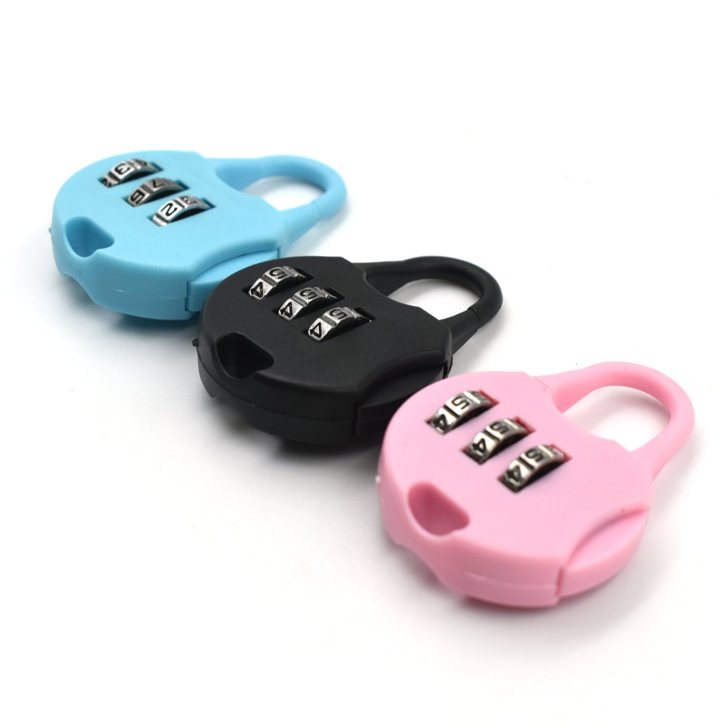 Colorful 3 digit zipper lock set in pink, black, and blue for secure storage and travel use