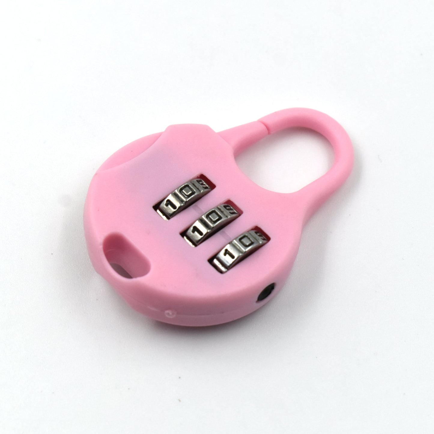 Pink 3 digit zipper lock designed for securing backpacks and luggage with adjustable combination dials.