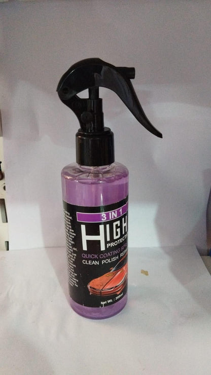 3 in 1 high protection coating spray in a clear bottle with a spray nozzle for car maintenance