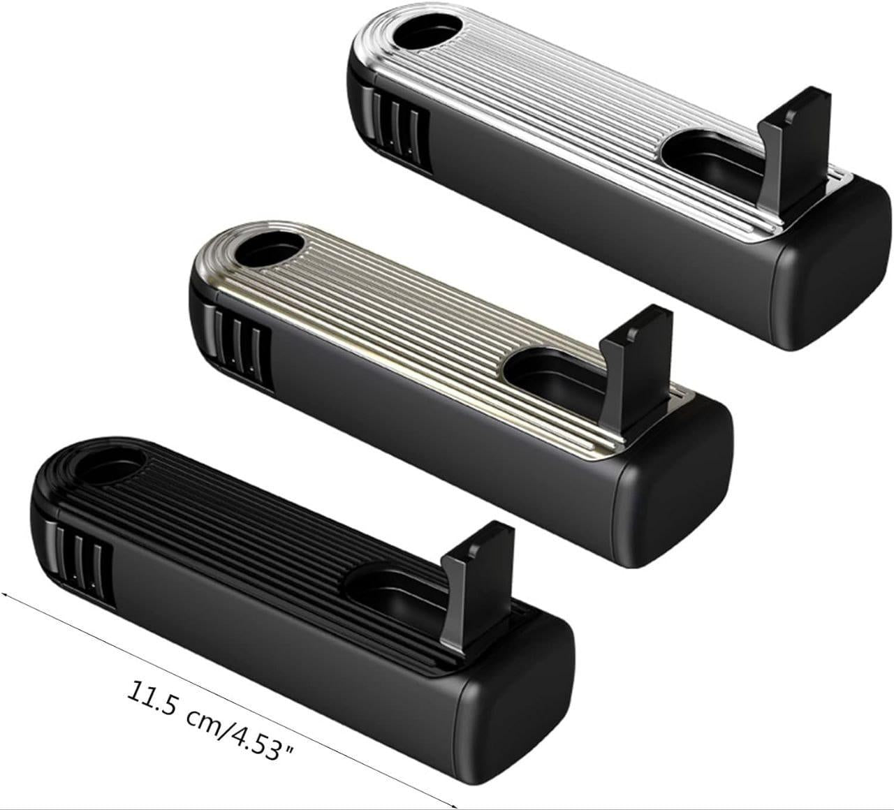 Three 360 degree car hooks in black, silver, and gray for organizing car interiors