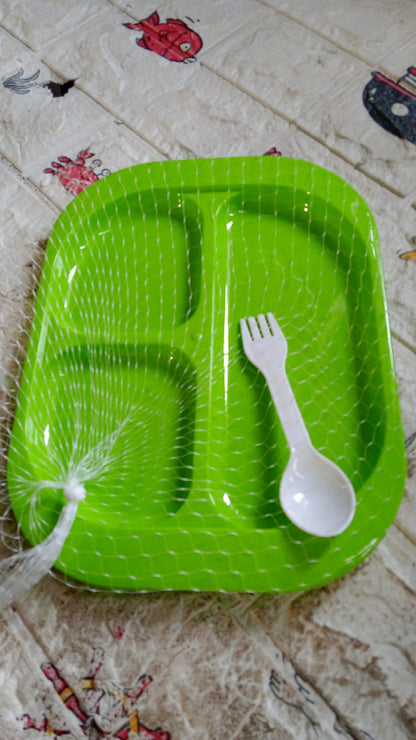Plastic Food Plates / Biodegradable 3 Compartment Square Plate With Spoon for Food Snacks / Nuts / Desserts Plates for Kids, Reusable Plates for Outdoor, Camping, BPA-free (1 Pc) Your Brand