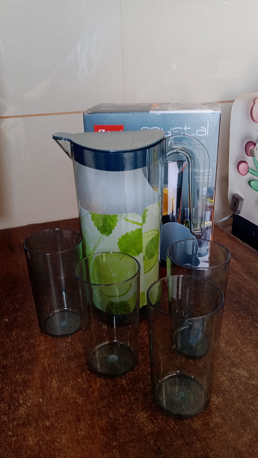 Apex Crystal Premium Jug with Lid & 4 Pcs Glass (1500 ML / 300 ML Approx / 5 Pcs Set) Your Brand