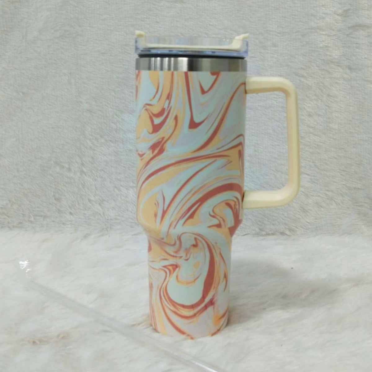 Marble Swirl Stainless Steel Tumbler with Handle, Lid & Straw