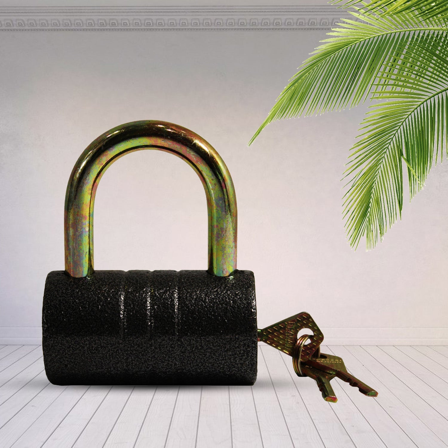 Heavy-Duty Iron Padlock – 82mm Black Spray Lock with Brass Core & 5 Keys, Waterproof & Anti-Theft Your Brand