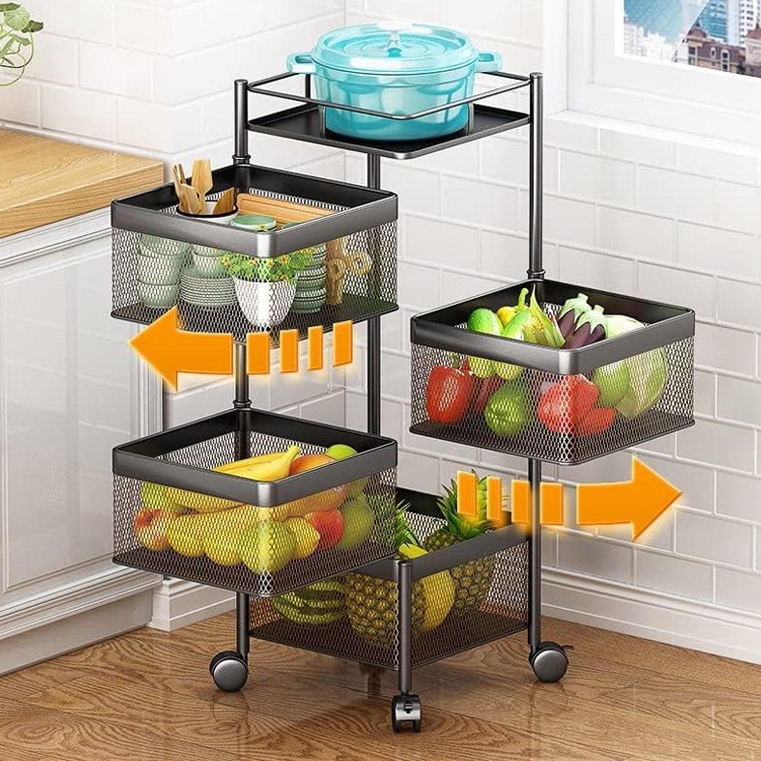 Metal High Quality Kitchen Trolley Kitchen Organizer Items and Kitchen Accessories Items for Kitchen Rack Square Design for Fruits & Vegetable Onion Storage Kitchen Trolley with Wheels (4 Layer) Your Brand