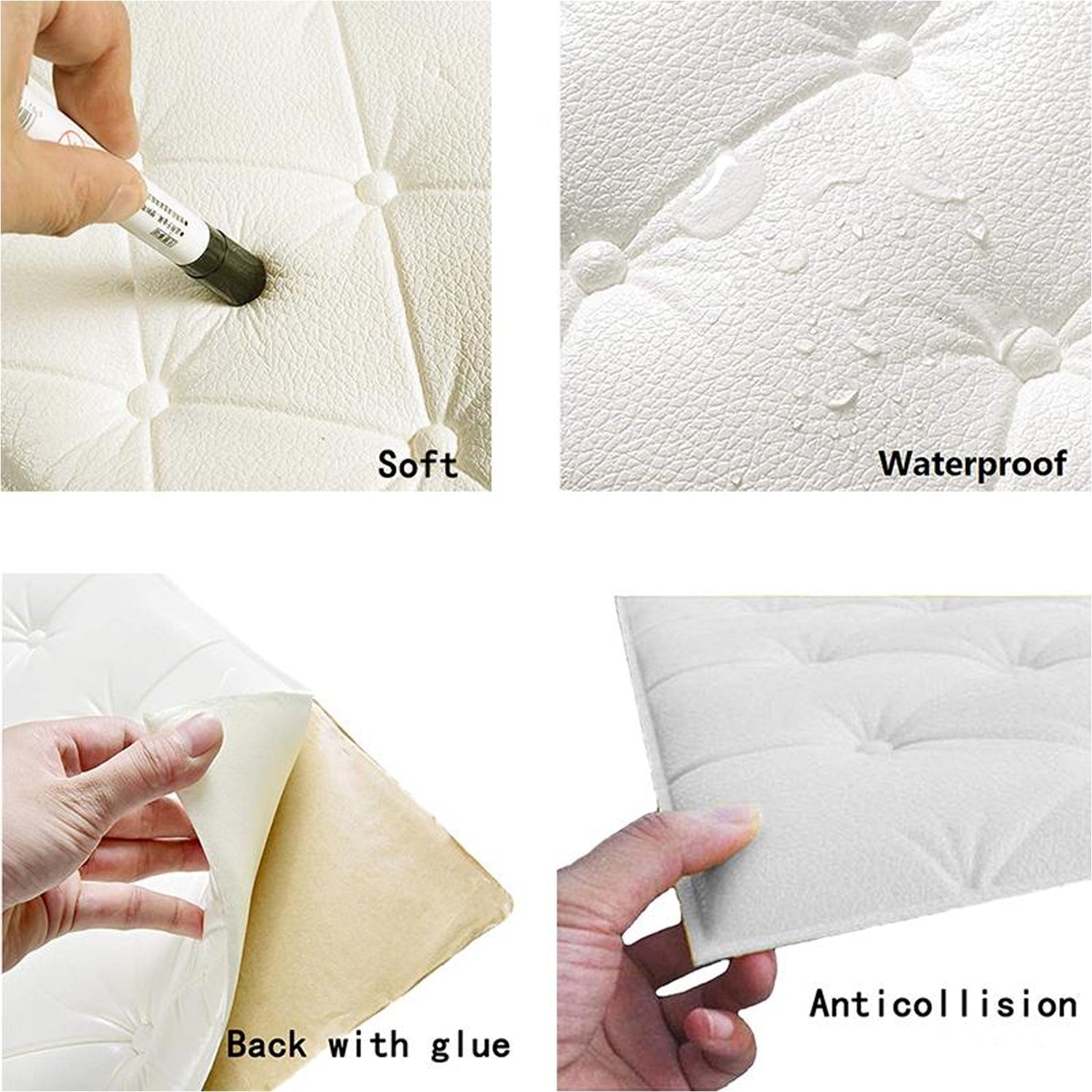 4 images showcasing 3D adhesive wallpaper features: soft texture, waterproof design, back with glue, and ant-collision properties