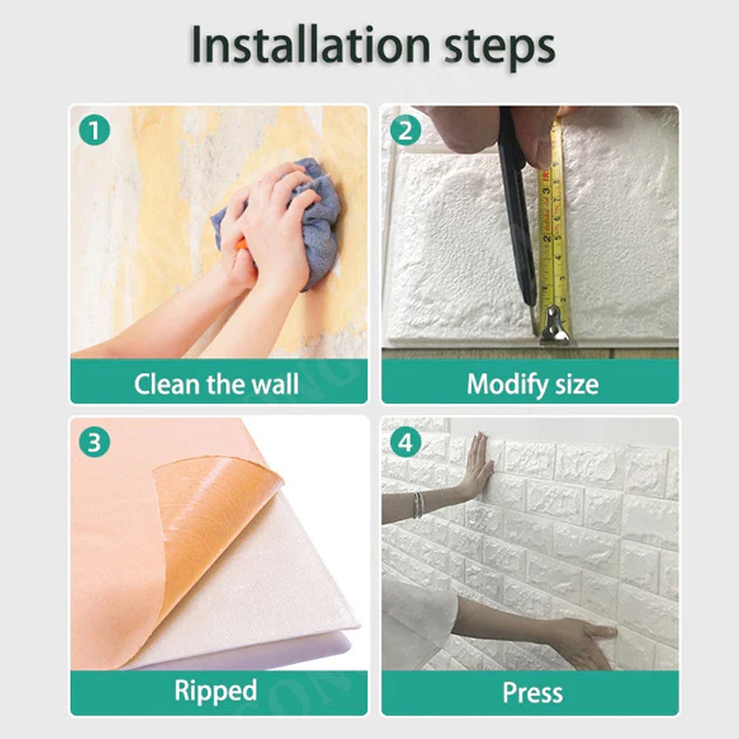Installation steps for 3D foam wallpaper panels showing cleaning, measuring, and applying the panels