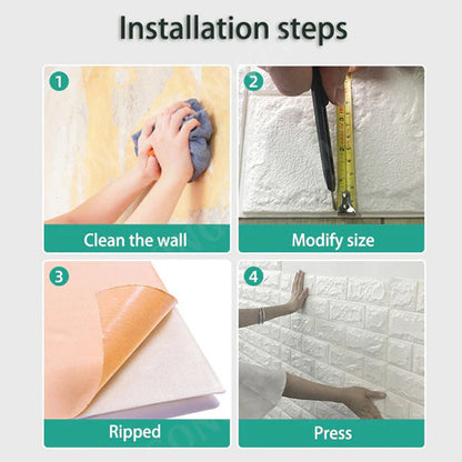 Installation steps for 3D foam wallpaper panels showing cleaning, measuring, and applying the panels