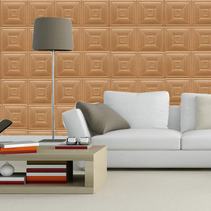 3D foam wallpaper panels in a stylish living room with a modern sofa and floor lamp