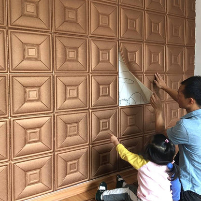 Installation of 3D foam wallpaper panels by a parent and child for easy home decor enhancement