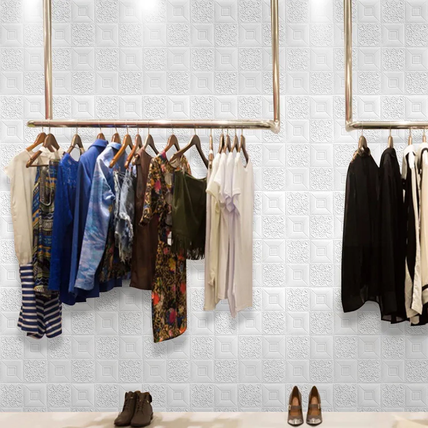 Stylish 3D foam wallpaper panels in a boutique with clothing display and shoes on the floor