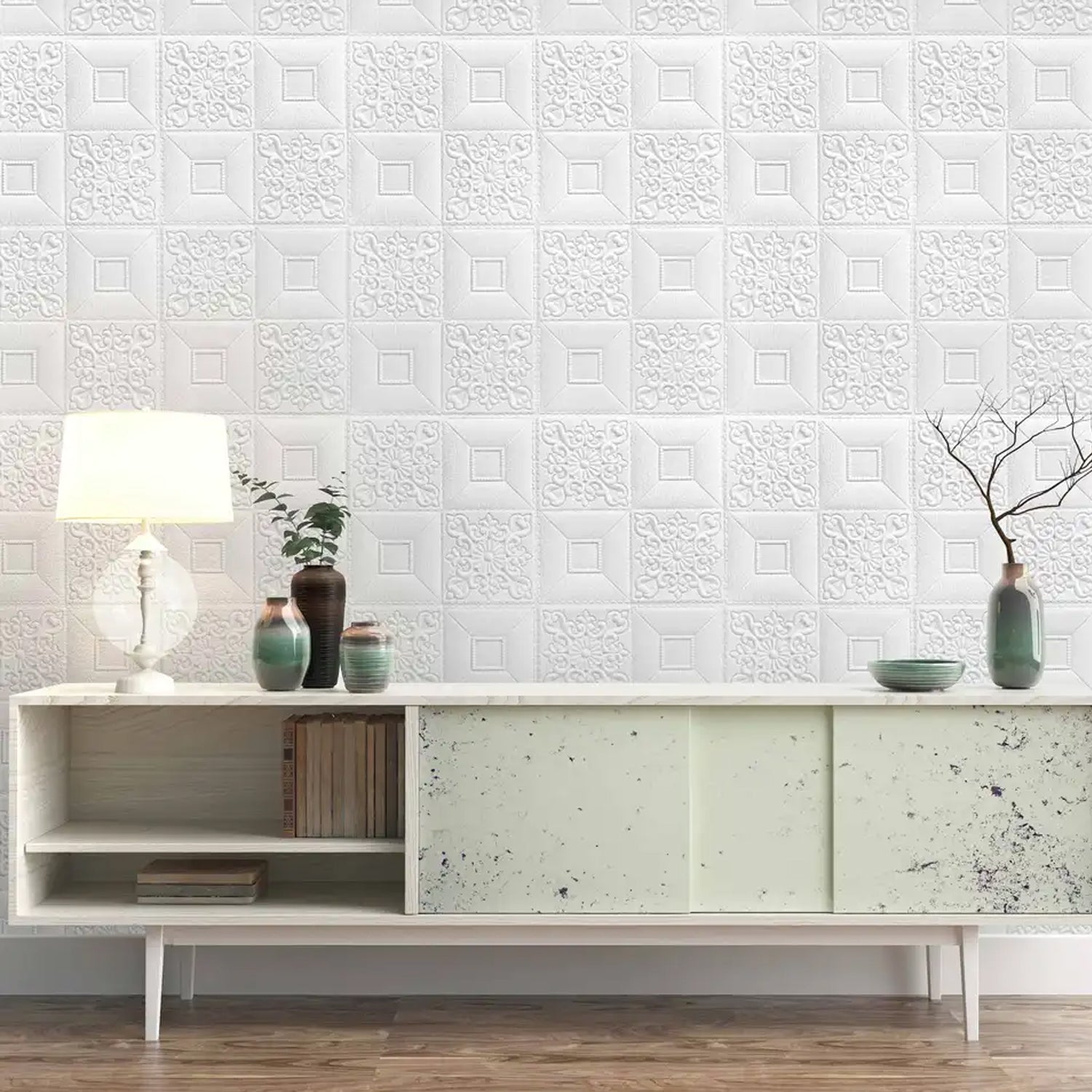 Elegant interior featuring 3D foam wallpaper panels in a stylish white pattern for home decor