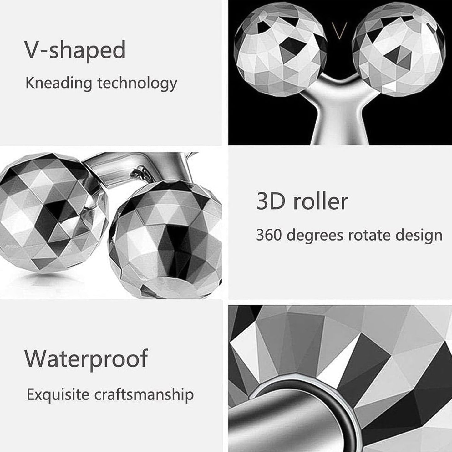 3D roller face and body massager with V-shaped design and waterproof craftsmanship for effective kneading