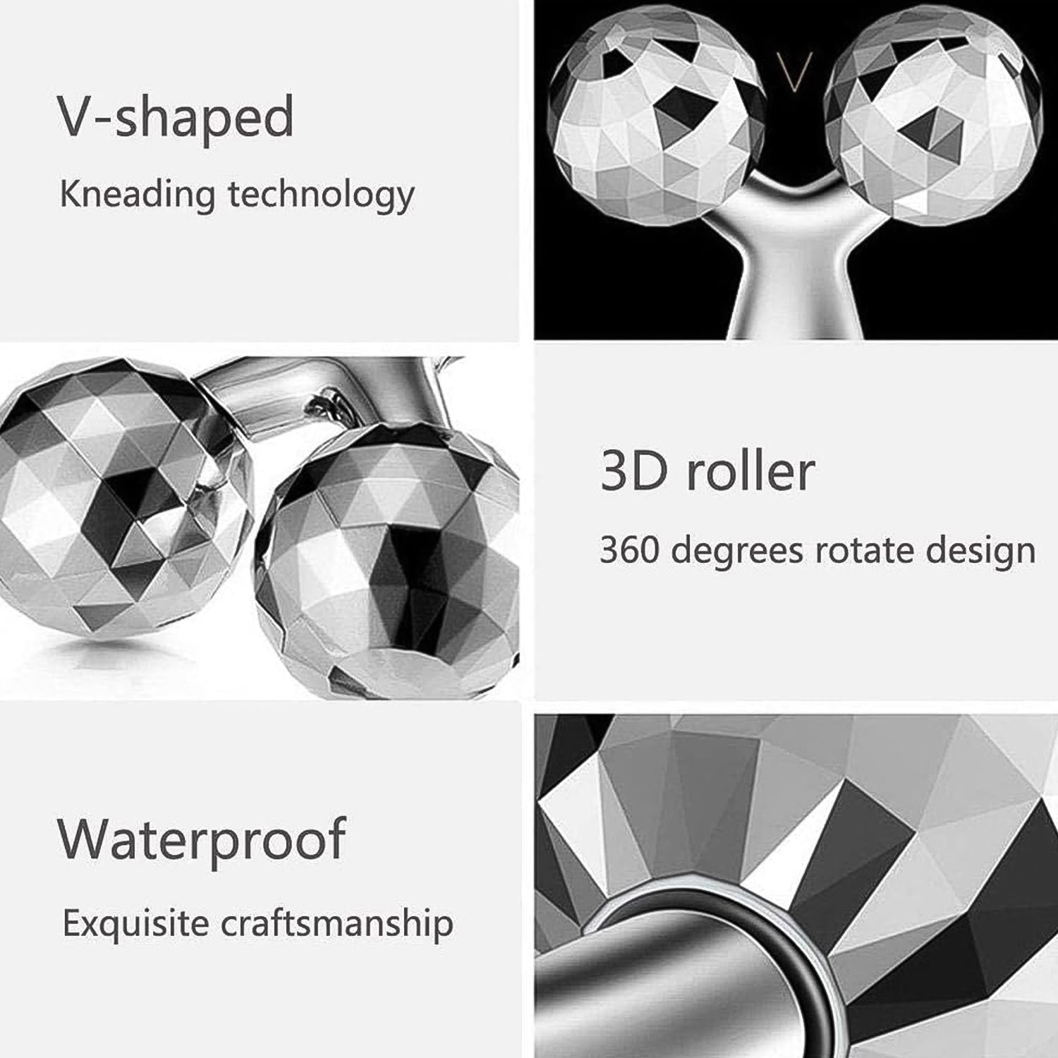 3D roller face and body massager with V-shaped design and waterproof craftsmanship for effective kneading