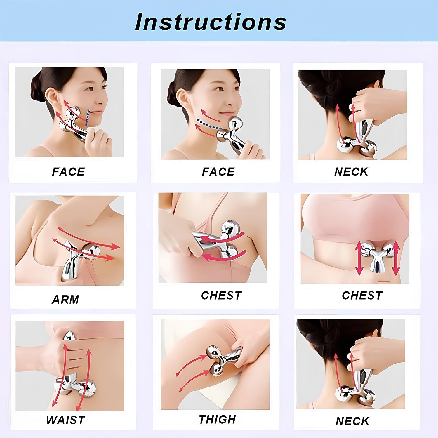 Instructions for using the 3D roller face and body massager on various body parts like neck, chest, and thighs