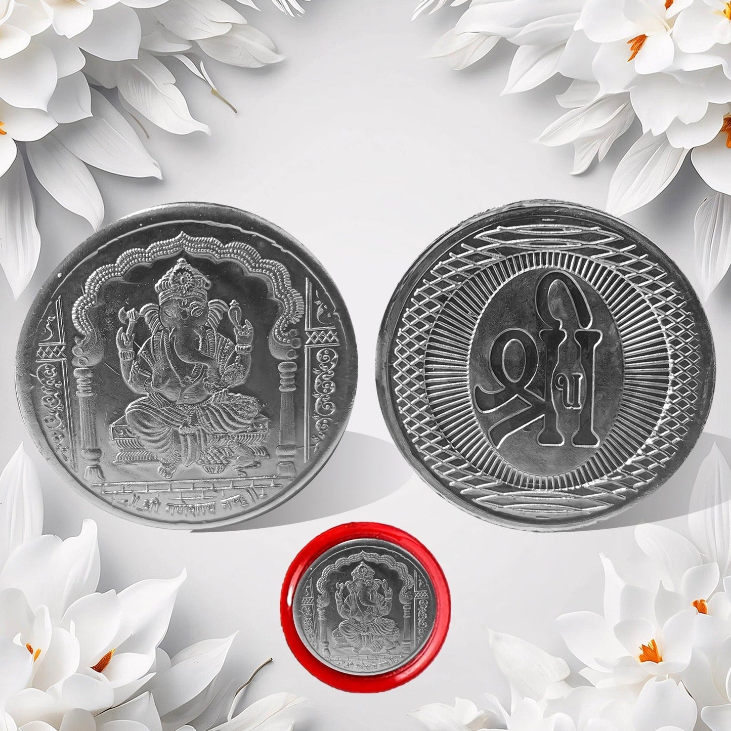 Ganesh Ji, Silver color Coin for Gift & Pooja | Silver Coin | Silver Coin / Diwali Gift (1 Pc / (Metal is not silver) Your Brand