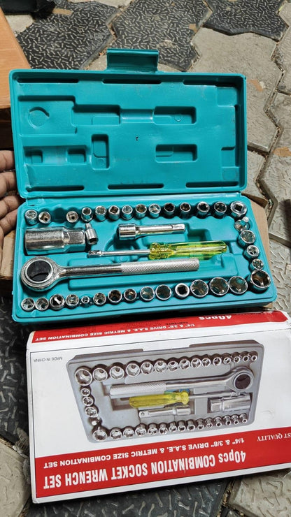 40 piece socket wrench set in teal plastic case including ratchet, extension bars, and screwdriver handle