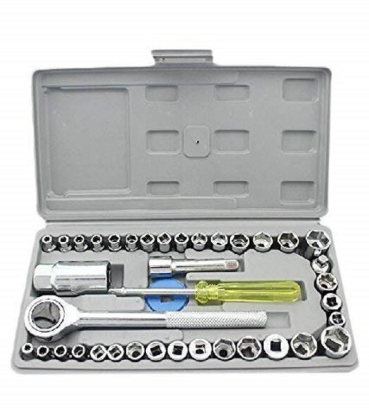 40 piece socket wrench set in gray plastic case with various socket sizes and a ratchet handle