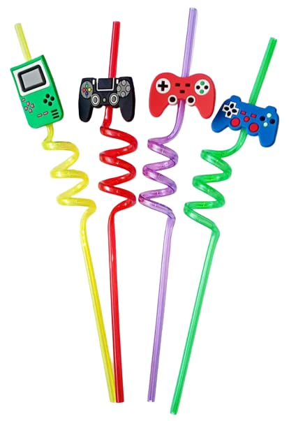 Colorful reusable plastic drinking straws with fun game controller designs for festive events