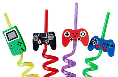 Colorful reusable plastic drinking straws in fun game controller designs for parties and gatherings