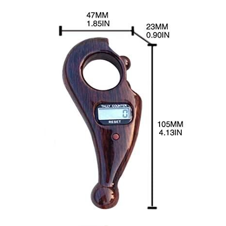 Wood grain handheld digital tally number counter with finger ring grip LCD display and reset button
