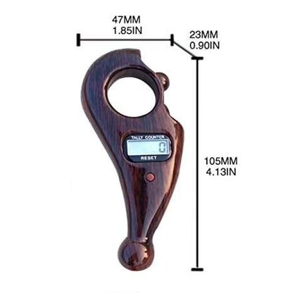 Wood grain handheld digital tally number counter with finger ring grip LCD display and reset button