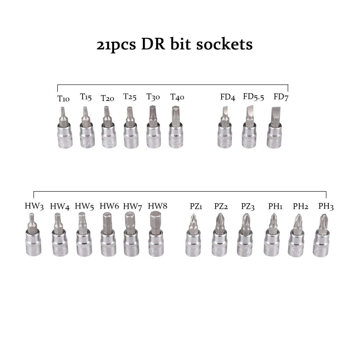21pcs DR bit sockets from the 46 in 1 socket tool kit for versatile automotive repairs