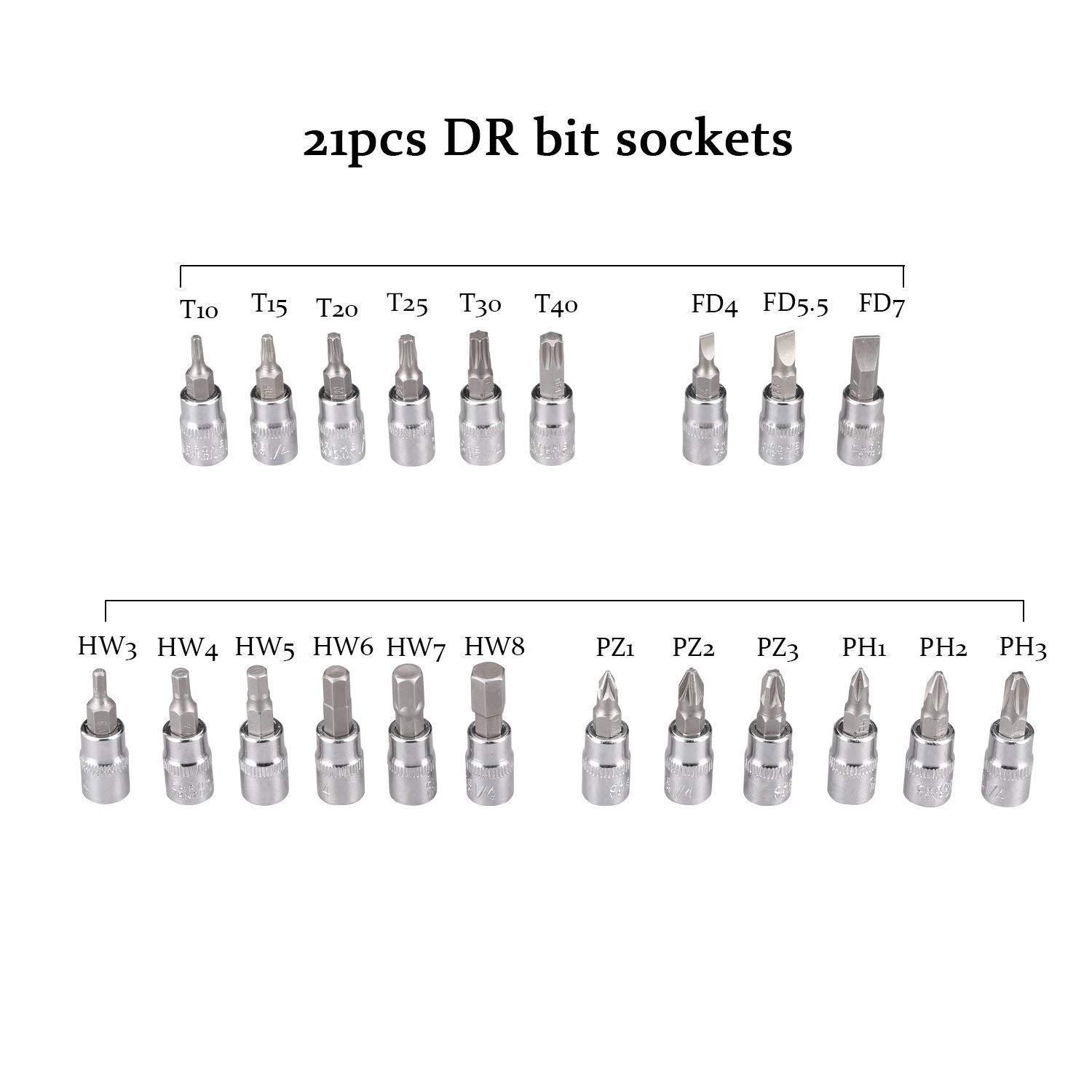 21pcs DR bit sockets from the 46 in 1 socket tool kit for versatile automotive repairs