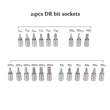 21pcs DR bit sockets from the 46 in 1 socket tool kit for versatile automotive repairs