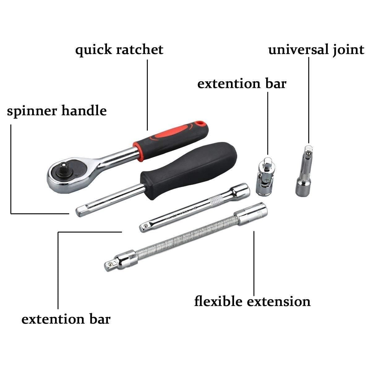 46 in 1 socket tool kit including quick ratchet, spinner handle, and flexible extensions for versatile use