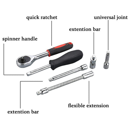 46 in 1 socket tool kit including quick ratchet, spinner handle, and flexible extensions for versatile use