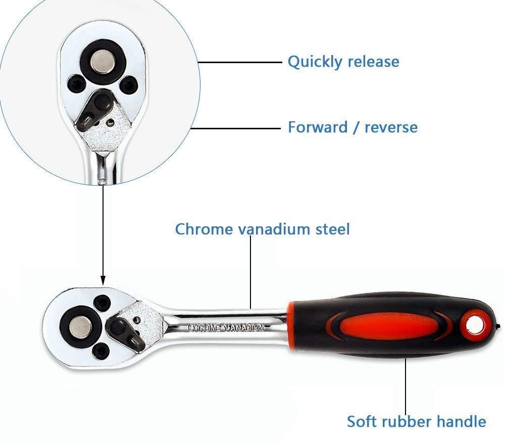 46 in 1 socket tool kit featuring a chrome vanadium steel ratchet with soft rubber handle