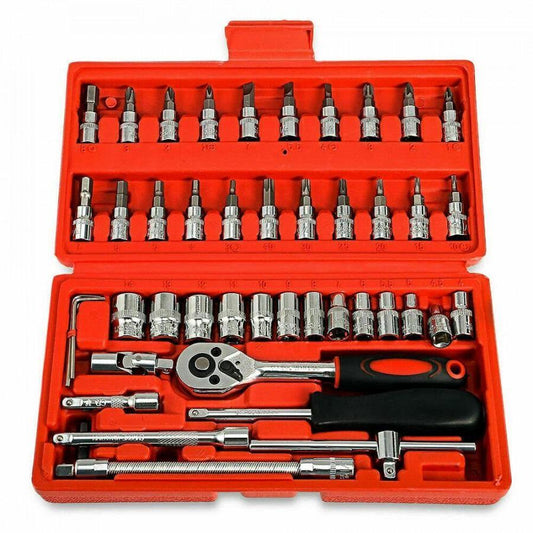 46 in 1 socket tool kit with various sockets, ratchet handle, and accessories in a durable red case